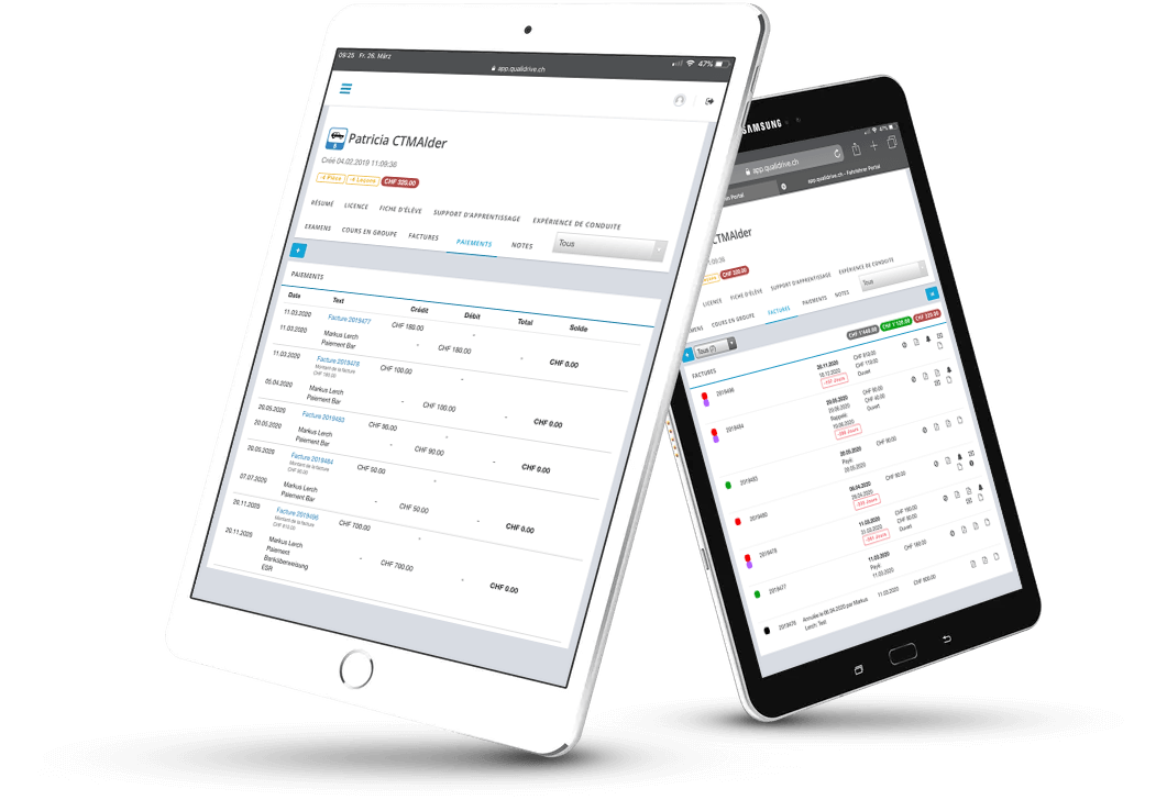 Avec QualiDrive, les moniteurs de conduite peuvent facilement suivre les factures et les paiements.