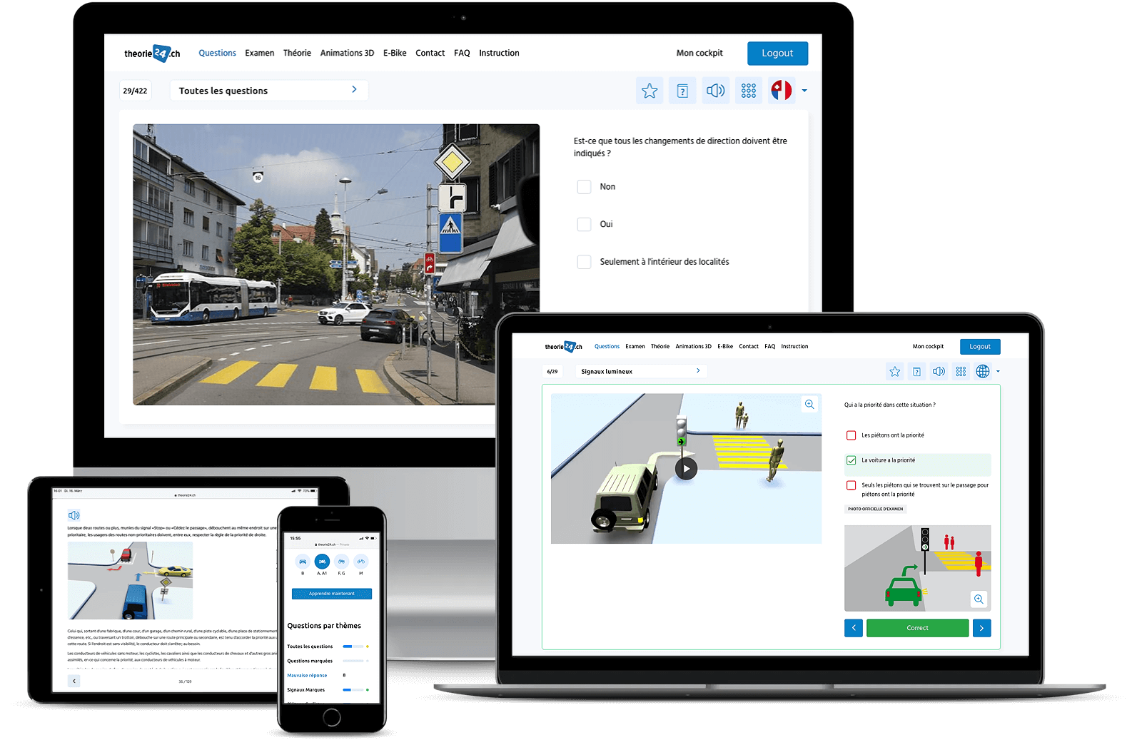 Apprendre la théorie et réussir l'examen théorique avec theorie24 - apprendre sur tous les appareils et ne pas être lié à un seul appareil. Apprendre la théorie et réussir l'examen théorique avec theorie24 - apprendre sur tous les appareils et ne pas être lié à un seul appareil.